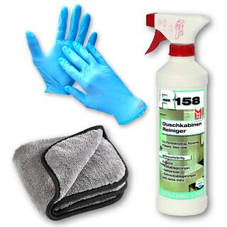 Set HMK R158 Bad- und Duschkabinen-Reiniger 500 ml + Einweghandschuhe + Microfasertuch Mega Flausch grau-schwarz 600 g/qm