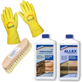 Hauswerk.shop Set Lithofin Allex 1 Liter + 1Liter MN Außenreiniger + Bürste + Haushaltshandschuhe