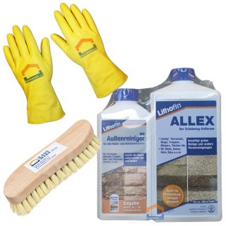 Hauswerk.shop Set Lithofin Allex 1 Liter + 500 ml MN Außenreiniger + Bürste + Haushaltshandschuhe