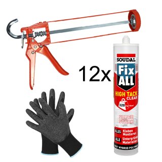 SOUDAL Fix All High Tack CLEAR 12 x 305g + Skelettpistole + Finegrip Handschuh