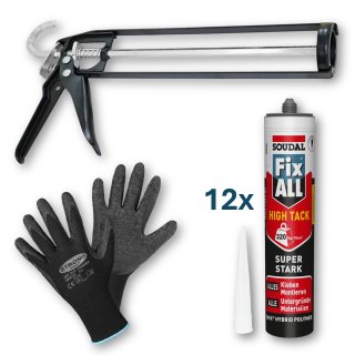 SOUDAL Fix All High Tack weiß 12 x 420 g + Skelettpistole + Finegrip Handschuh